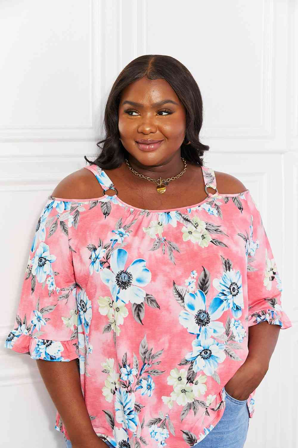 Sew In Love full size fresh take floral cold-shoulder top.