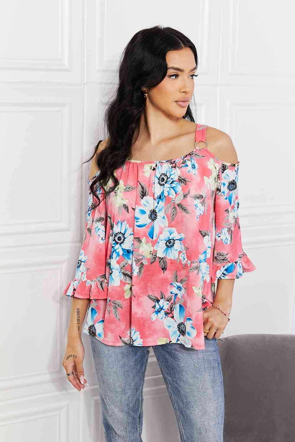 Sew In Love full size fresh take floral cold-shoulder top.