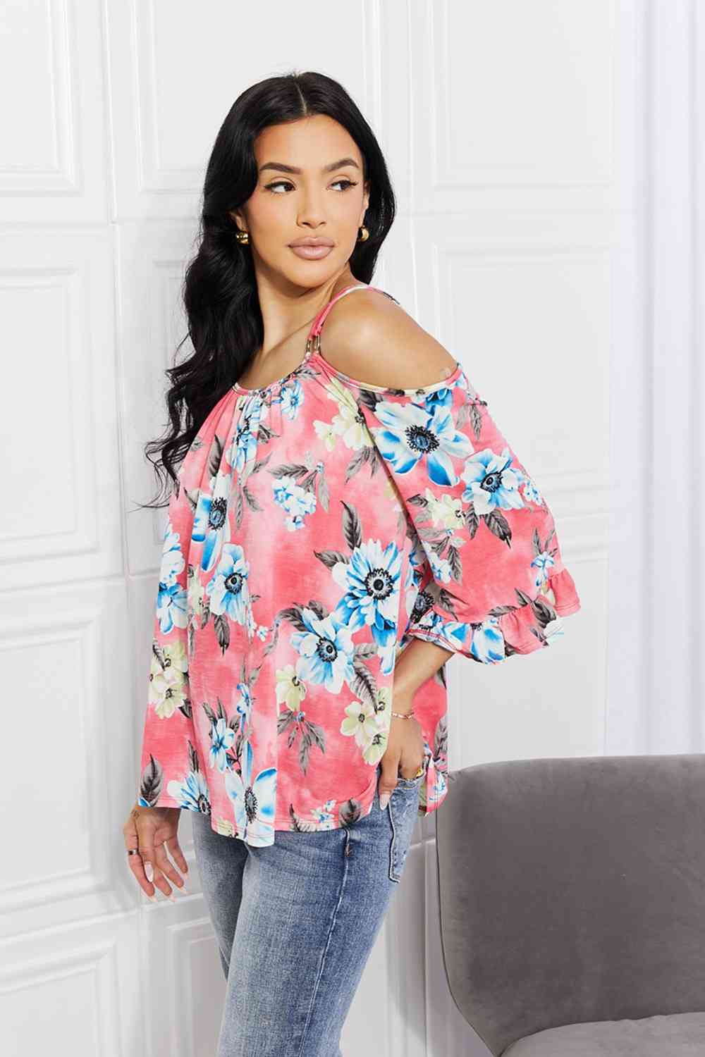 Sew In Love full size fresh take floral cold-shoulder top.