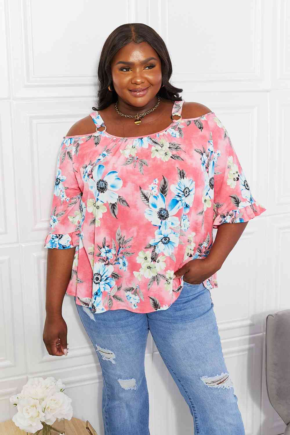 Sew In Love full size fresh take floral cold-shoulder top.