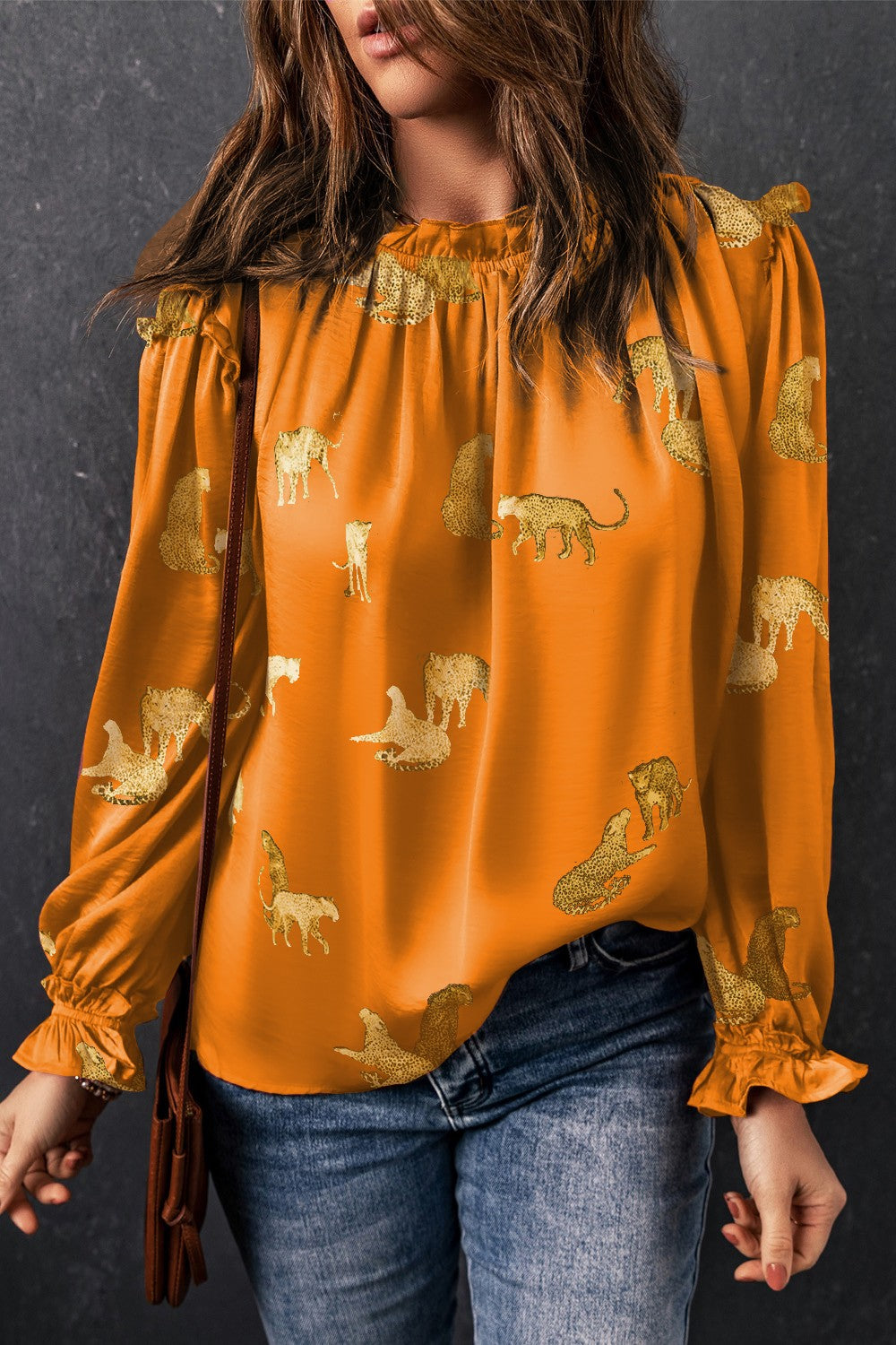 Frill animal flounce sleeve blouse.