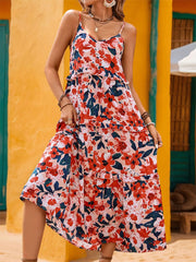 Perfee Frill Backless Printed Sleeveless Midi Dress.