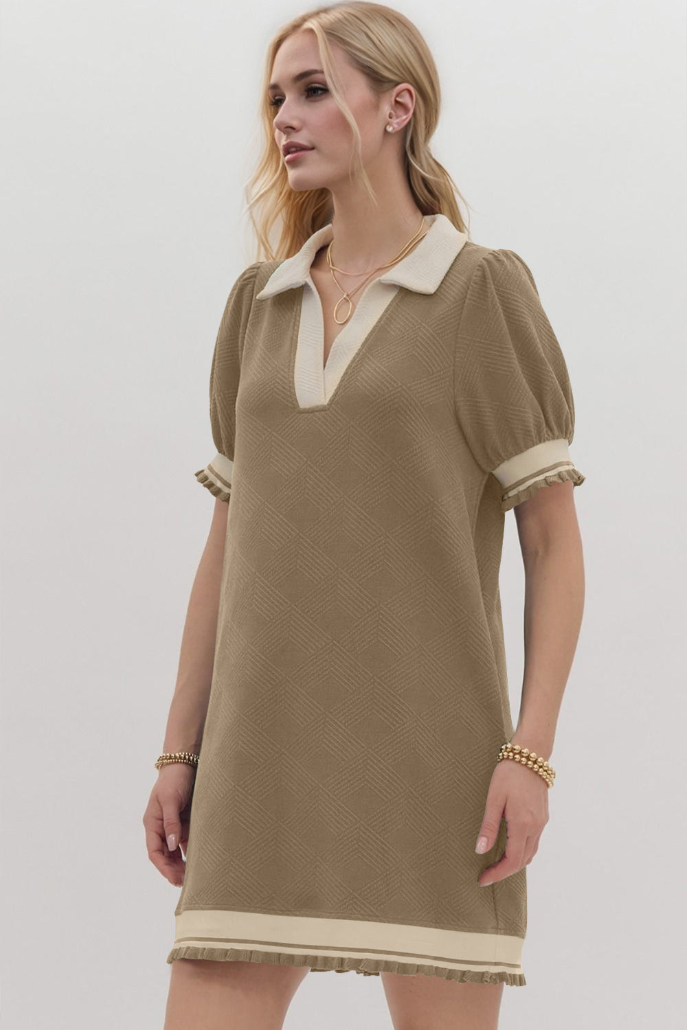 Oh Frill Contrast Trim Johnny Collar Short Sleeve Mini Dress.