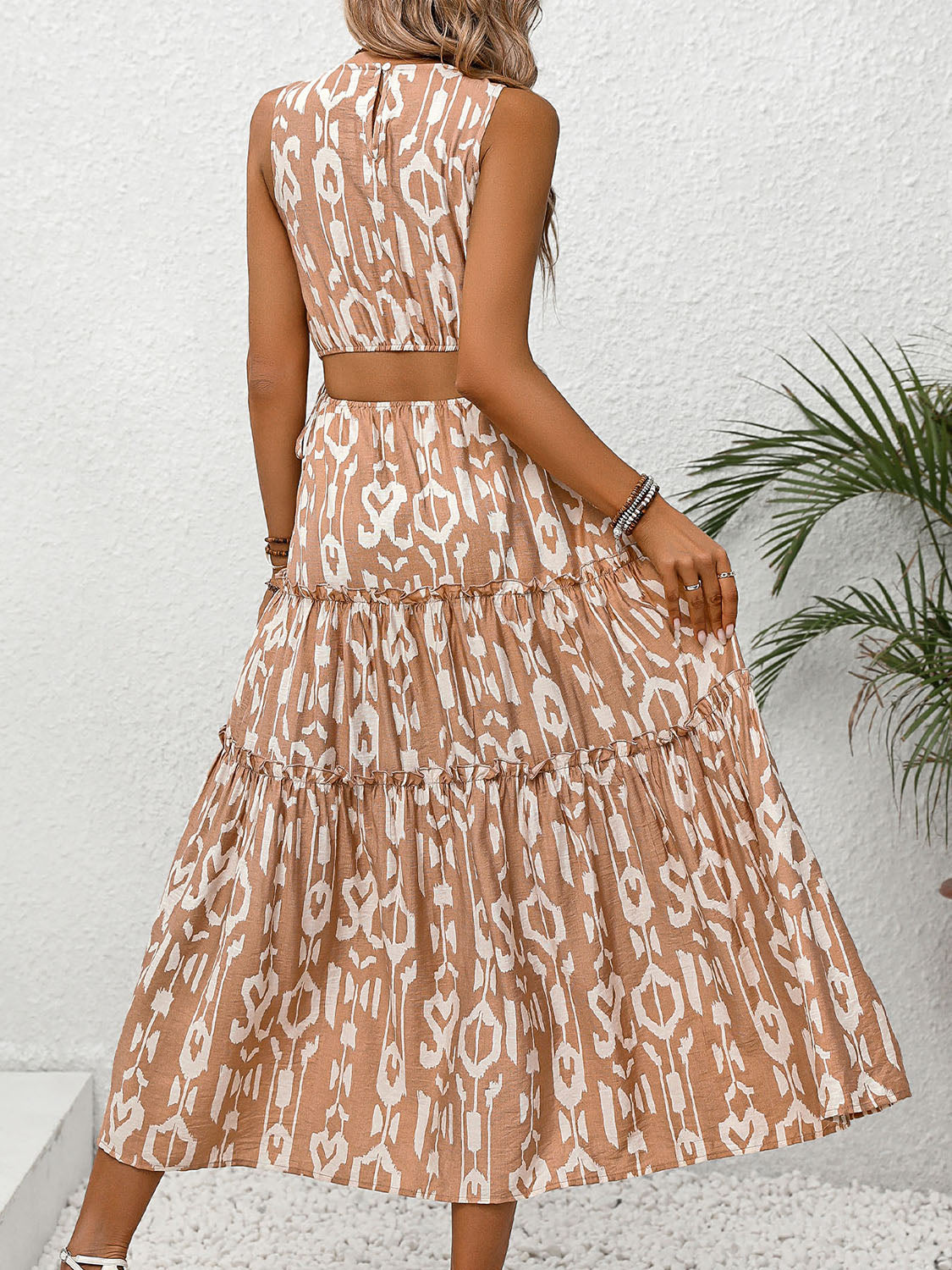 Perfee Frill Cutout Printed Round Neck Sleeveless Dress.