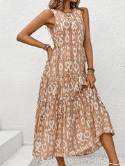 Perfee Frill Cutout Printed Round Neck Sleeveless Dress.