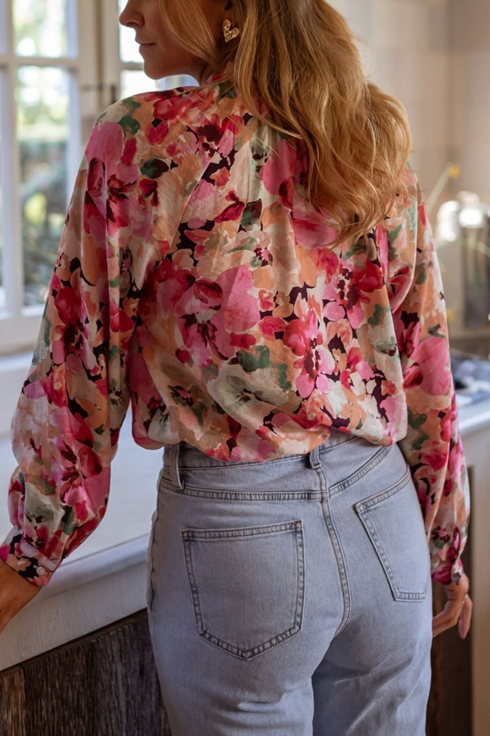 Frill floral button down long sleeve shirt.