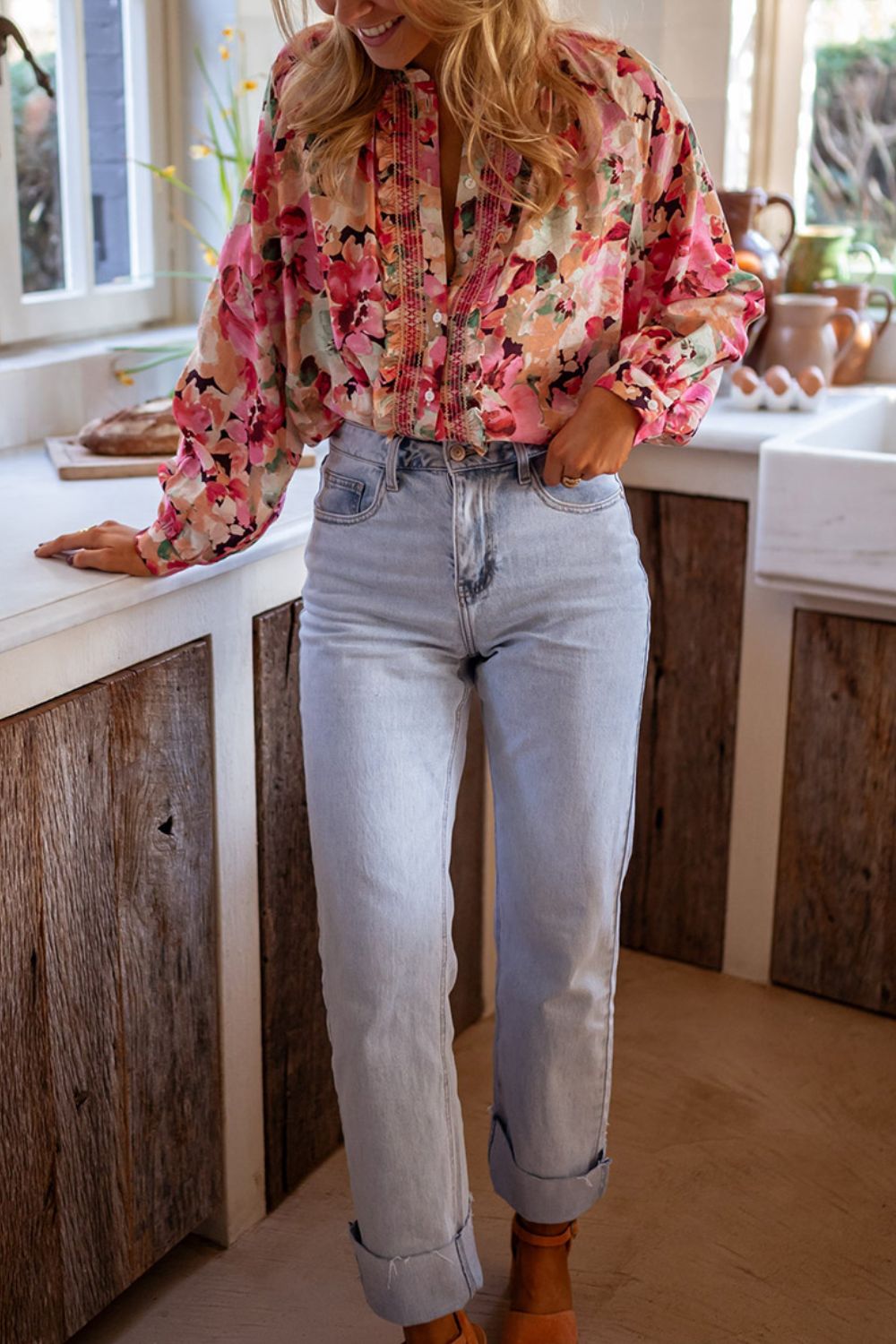 Frill floral button down long sleeve shirt.
