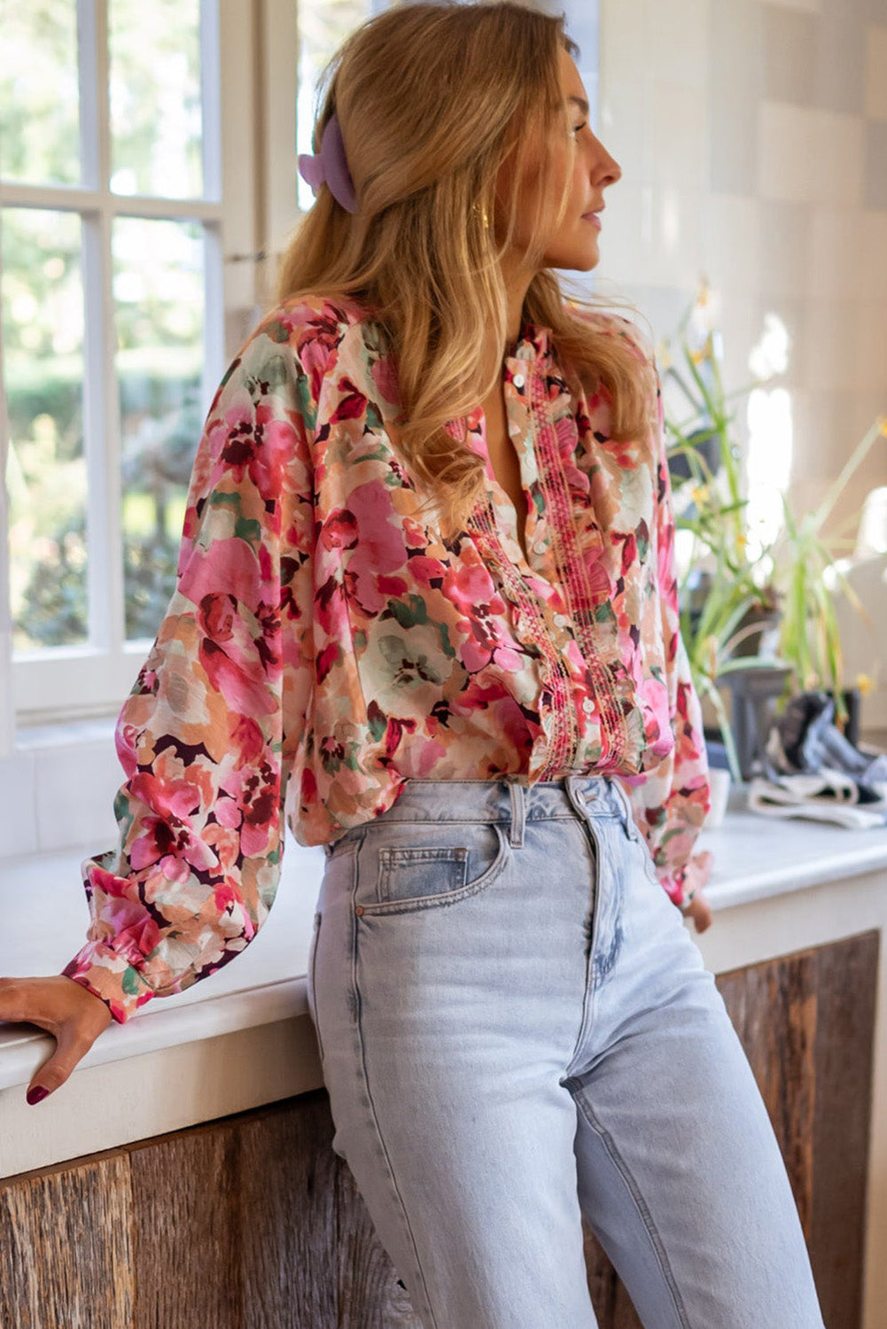 Frill floral button down long sleeve shirt.