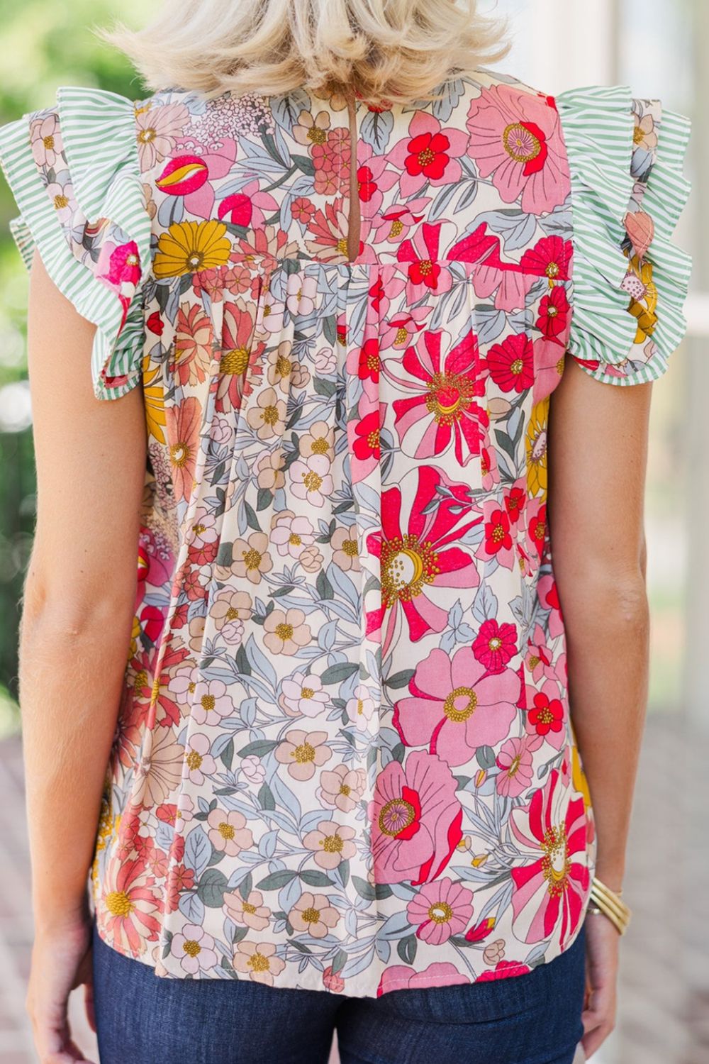 Frill floral print ruffle cap sleeve blouse.