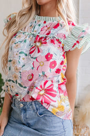 Frill floral print ruffle cap sleeve blouse.
