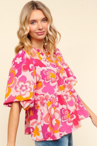 Haptics full size frill floral puff sleeve blouse.