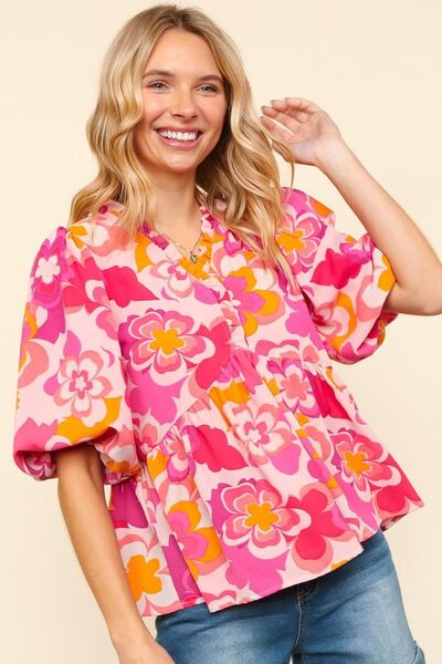 Haptics full size frill floral puff sleeve blouse.