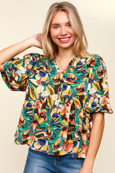 Haptics full size frill floral puff sleeve peplum blouse.