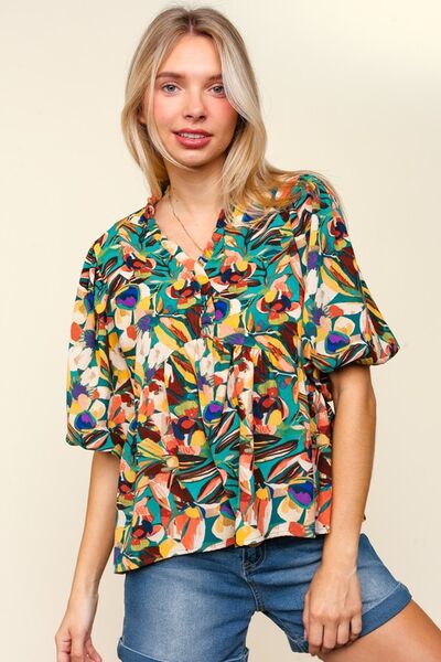Haptics full size frill floral puff sleeve peplum blouse.