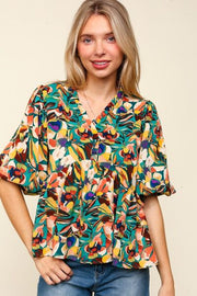 Haptics full size frill floral puff sleeve peplum blouse.