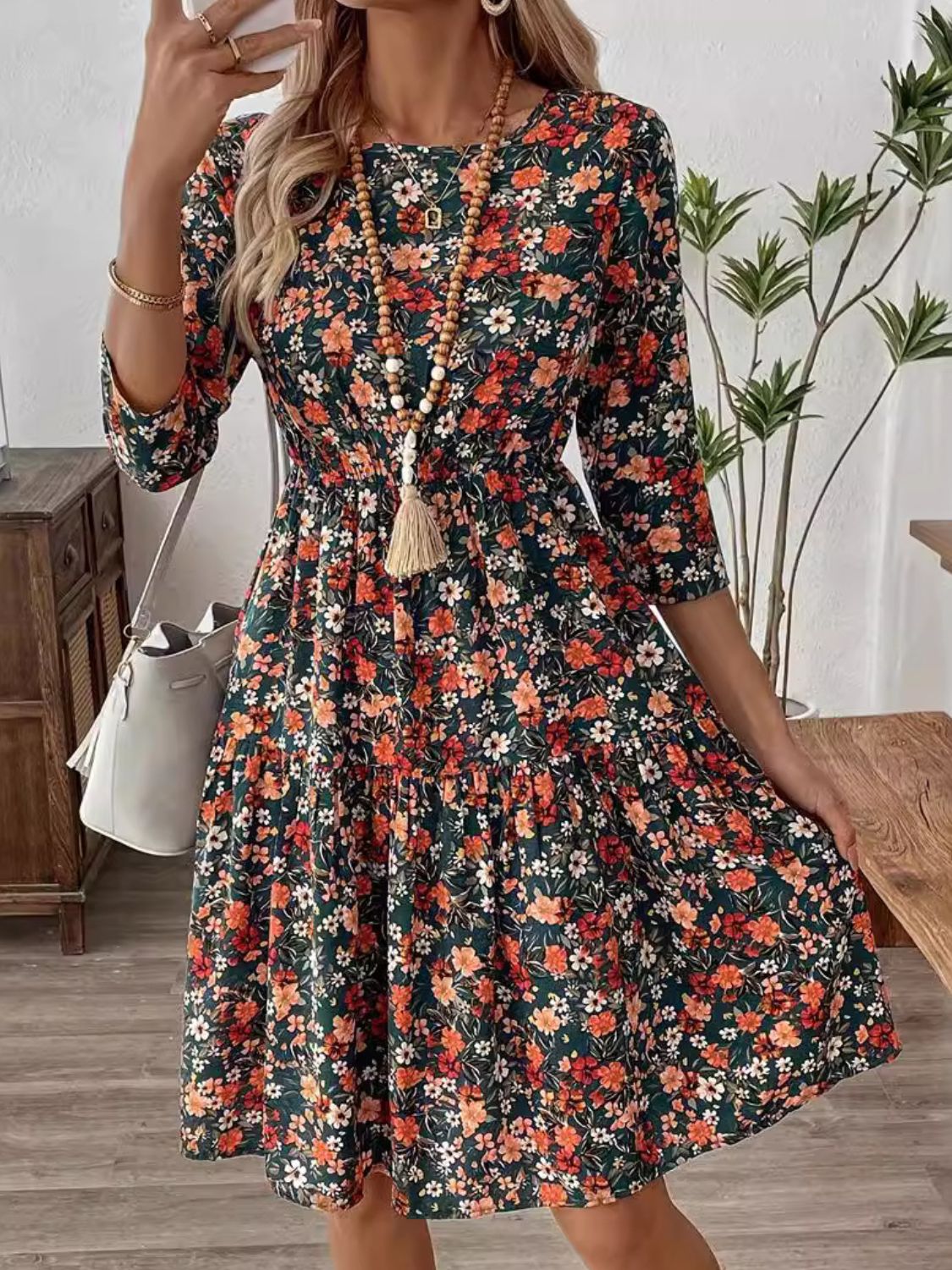 Frill Floral Round Neck Dress.