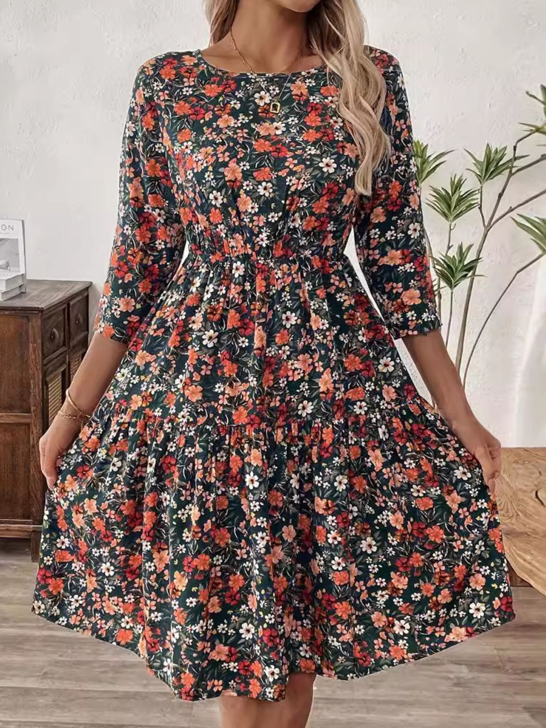 Frill Floral Round Neck Dress.