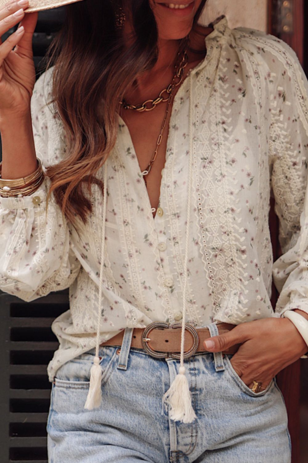 Frill lace detail printed tie neck long sleeve blouse.