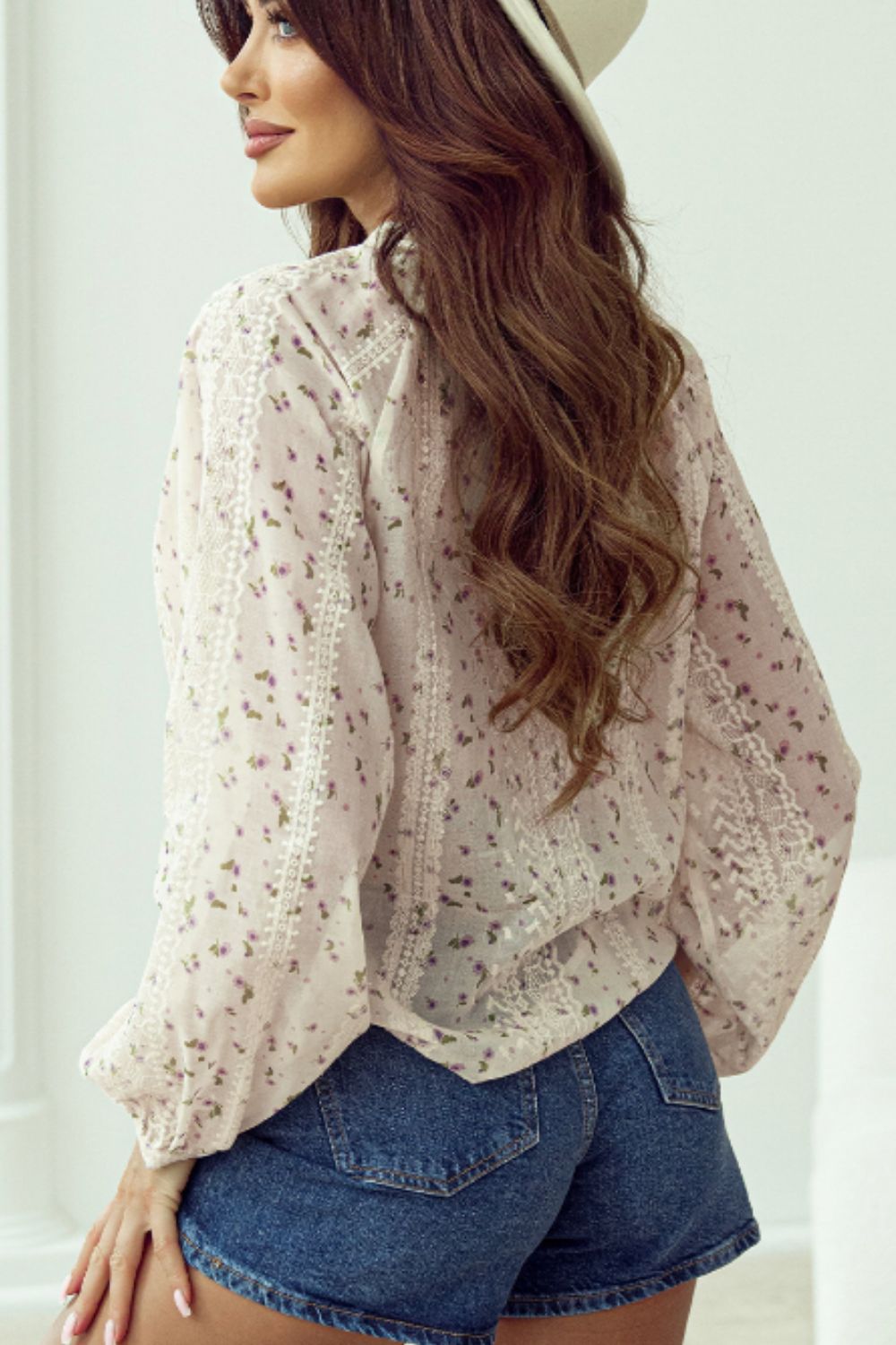 Frill lace detail printed tie neck long sleeve blouse.