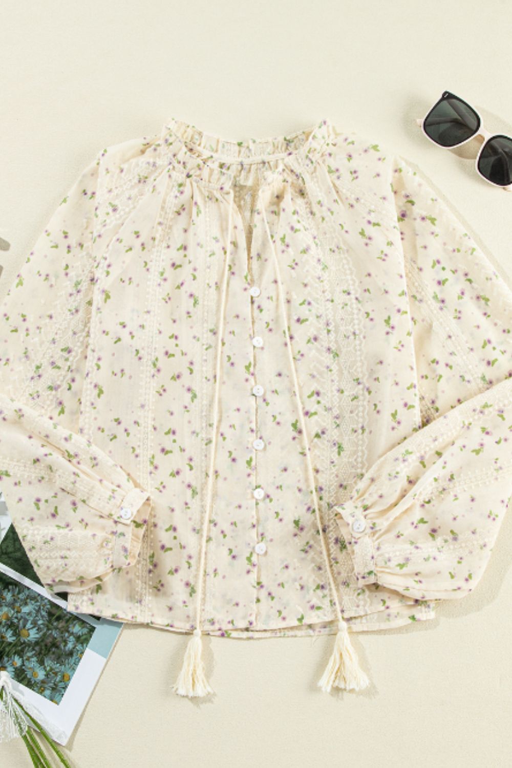 Frill lace detail printed tie neck long sleeve blouse.