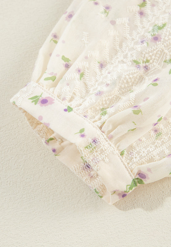 Frill lace detail printed tie neck long sleeve blouse.