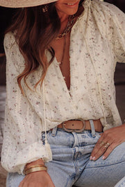 Frill lace detail printed tie neck long sleeve blouse.