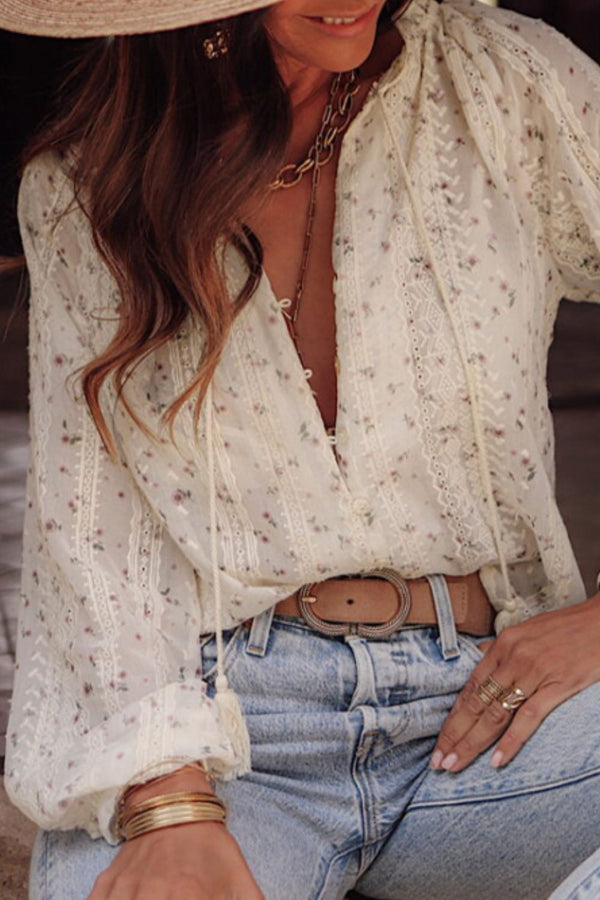 Frill lace detail printed tie neck long sleeve blouse.