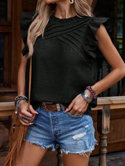 Frill mock neck ruffled cap sleeve blouse.