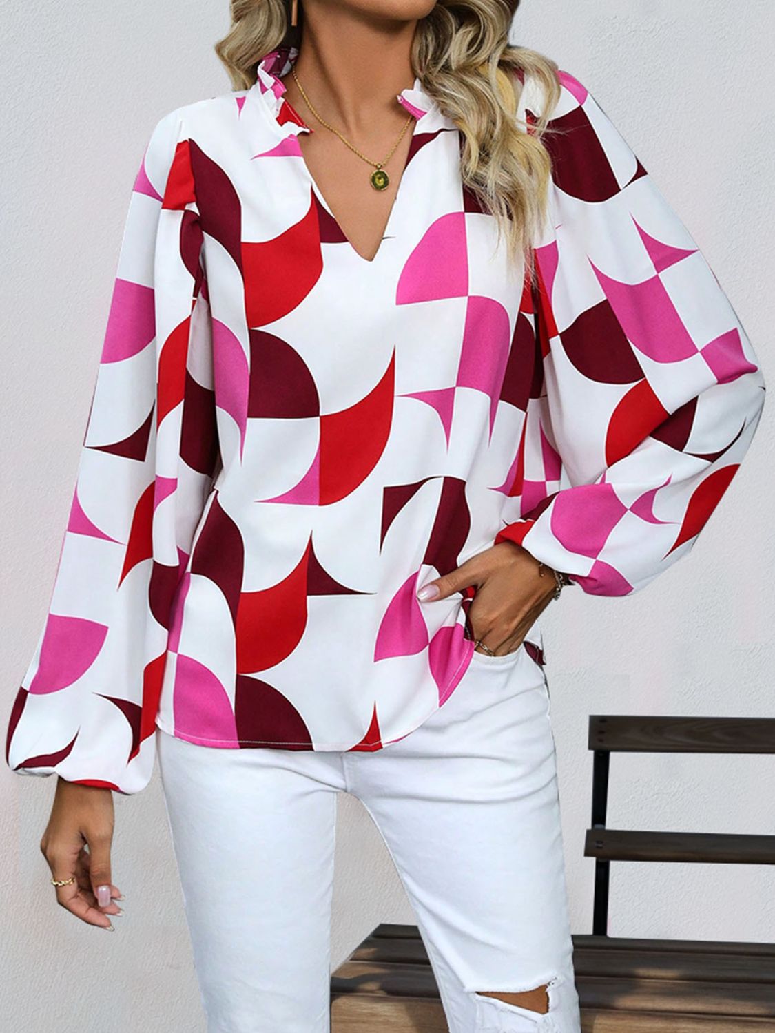 Perfee frill notched long sleeve blouse.