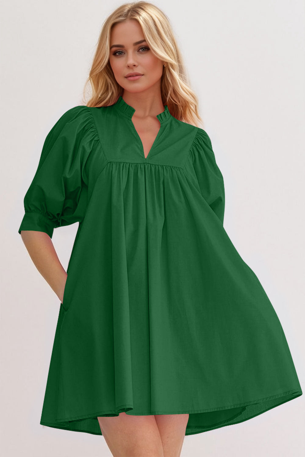 Oh Frill Notched Puff Sleeve Babydoll Mini Dress.