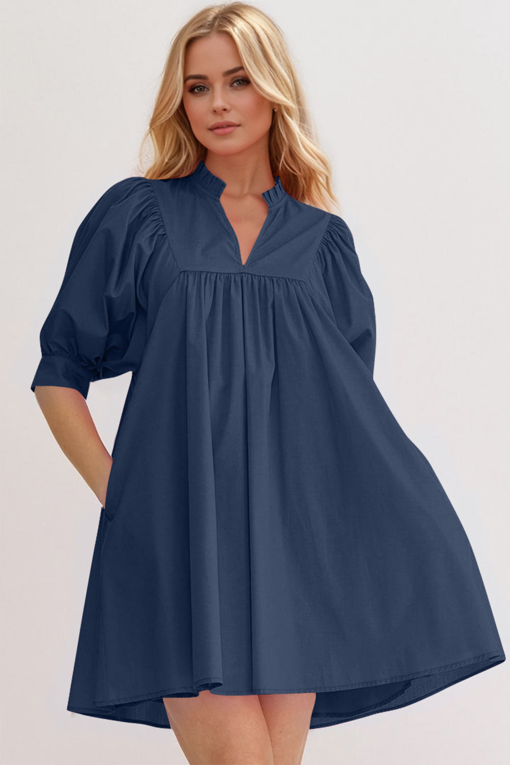 Oh Frill Notched Puff Sleeve Babydoll Mini Dress.