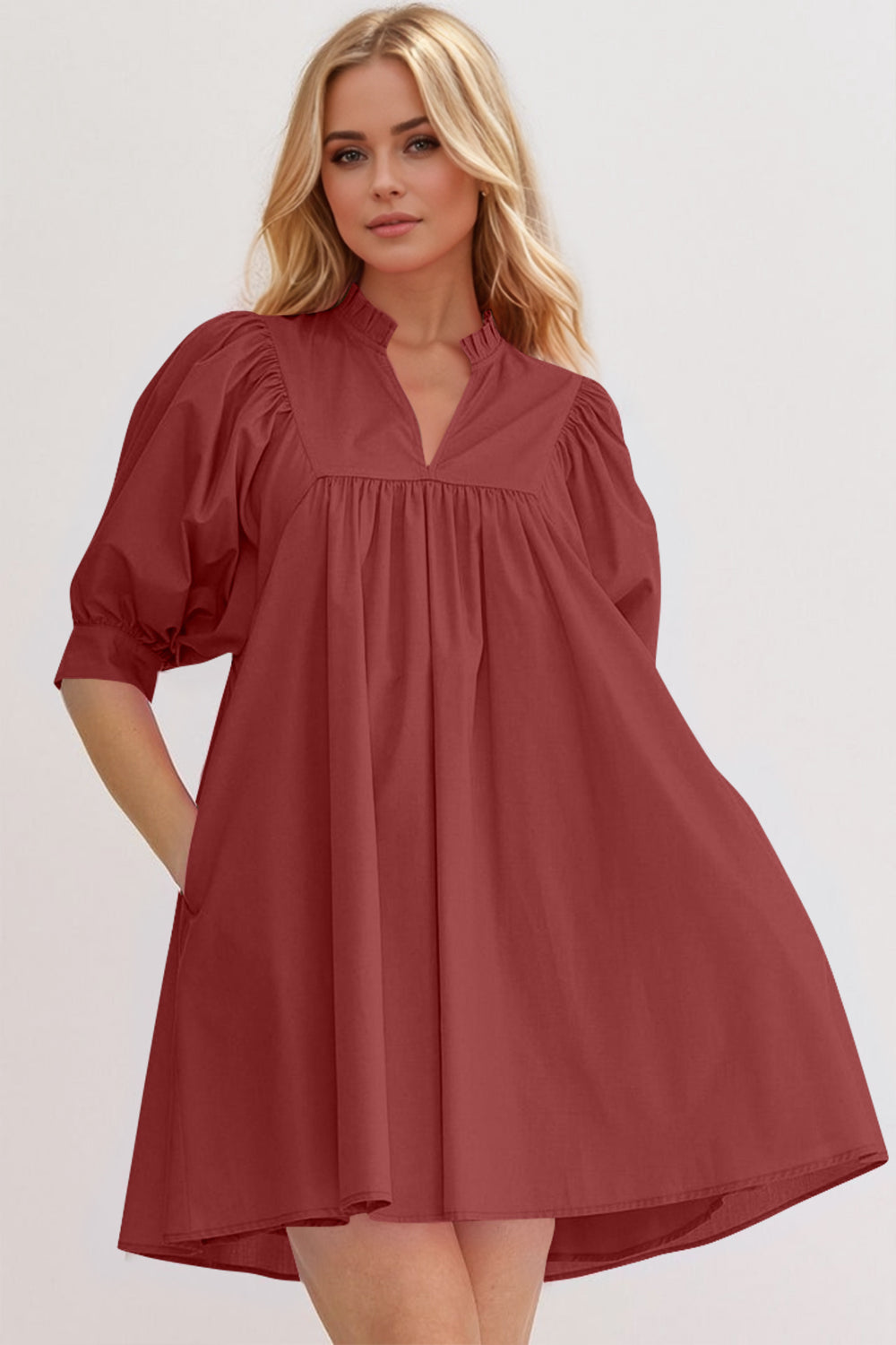 Oh Frill Notched Puff Sleeve Babydoll Mini Dress.