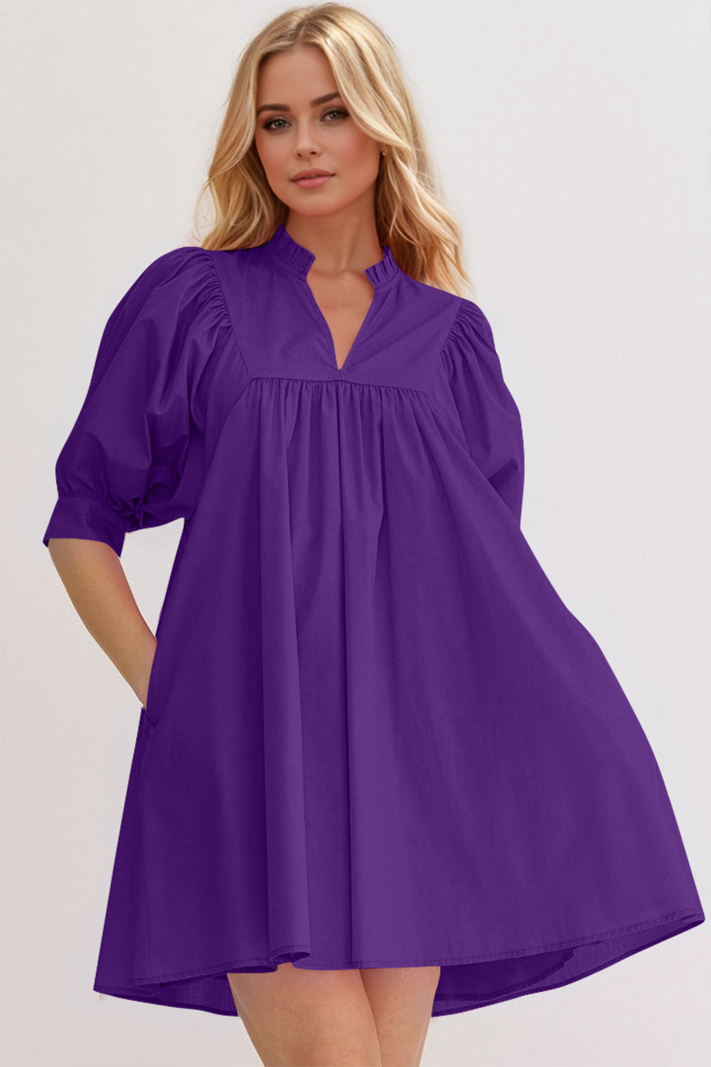 Oh Frill Notched Puff Sleeve Babydoll Mini Dress.