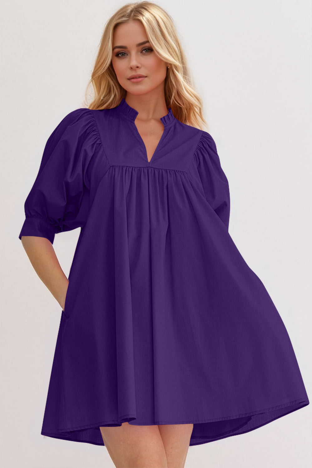 Oh Frill Notched Puff Sleeve Babydoll Mini Dress.