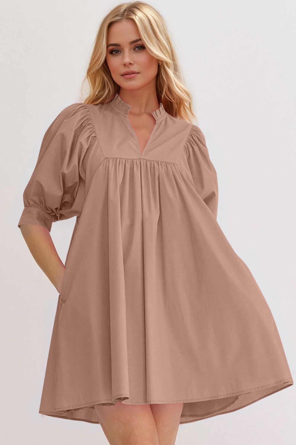 Oh Frill Notched Puff Sleeve Babydoll Mini Dress.