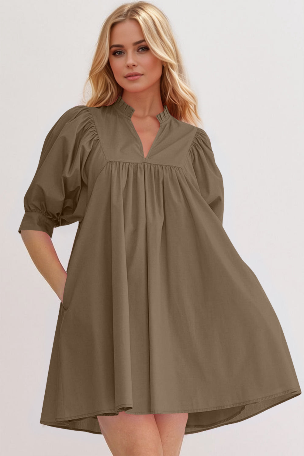 Oh Frill Notched Puff Sleeve Babydoll Mini Dress.