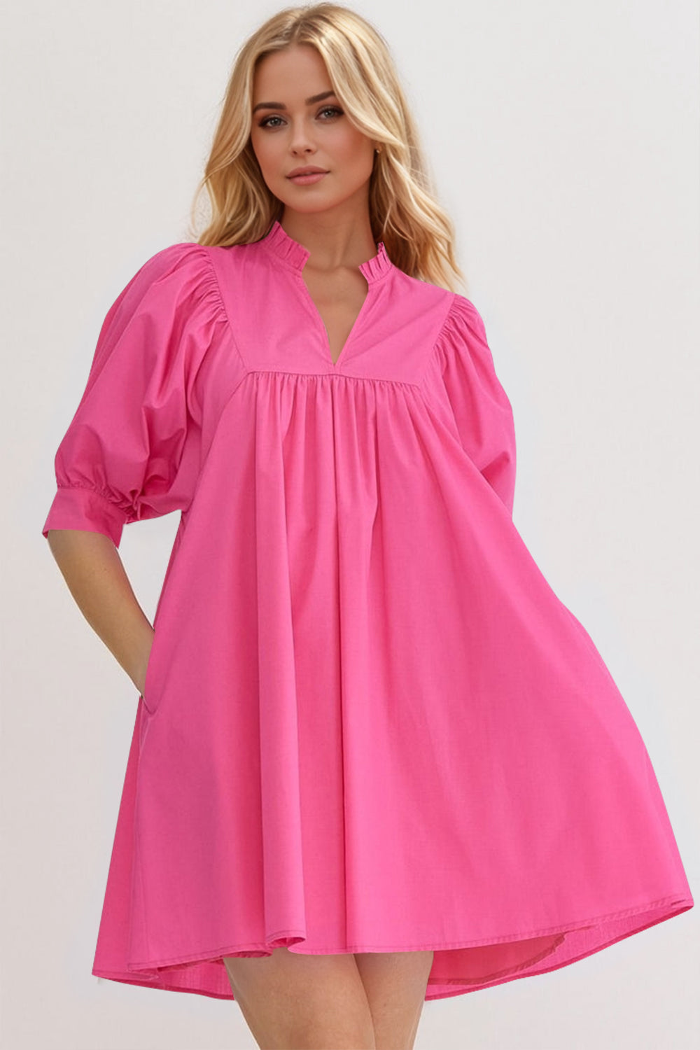 Oh Frill Notched Puff Sleeve Babydoll Mini Dress.