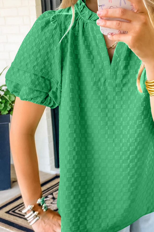 Oh full size frill notched puff sleeve blouse.