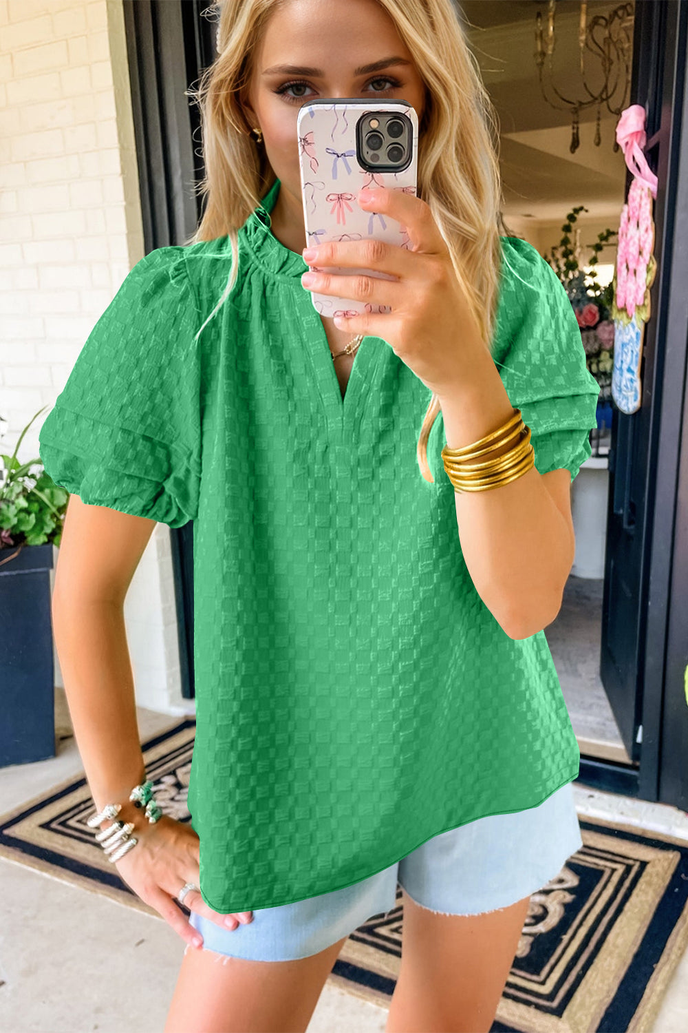 Oh full size frill notched puff sleeve blouse.