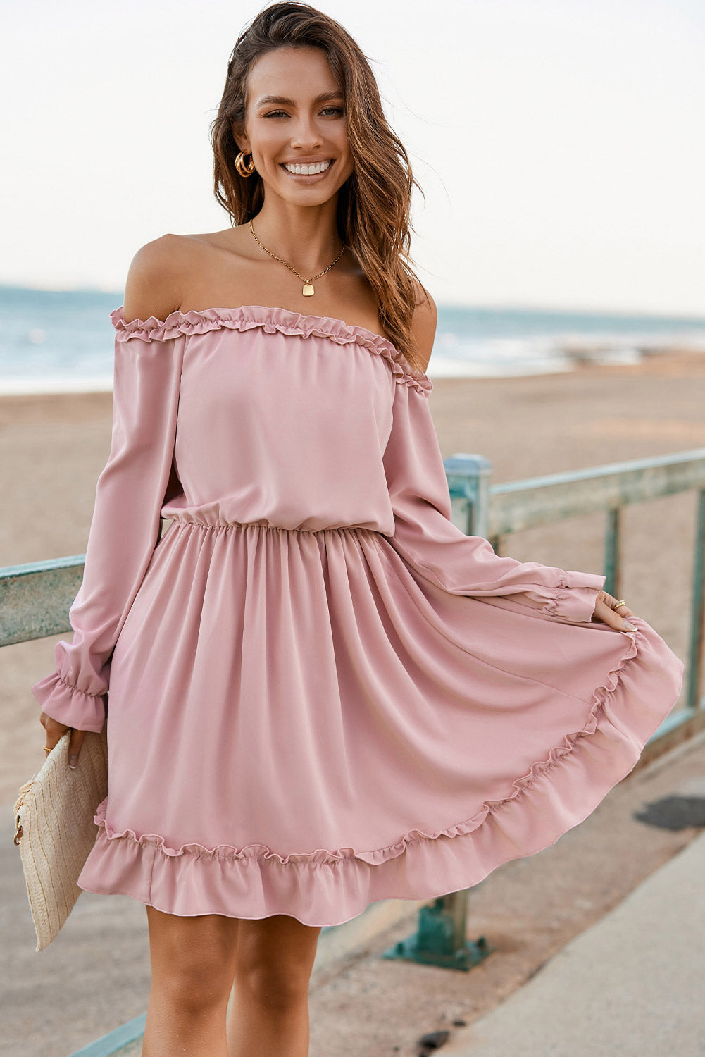 Frill Off-Shoulder Flounce Sleeve Dress.