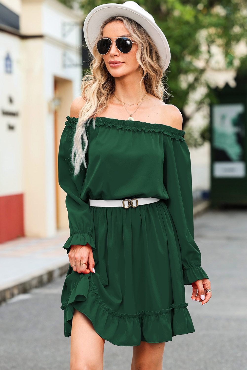Frill Off-Shoulder Flounce Sleeve Dress.