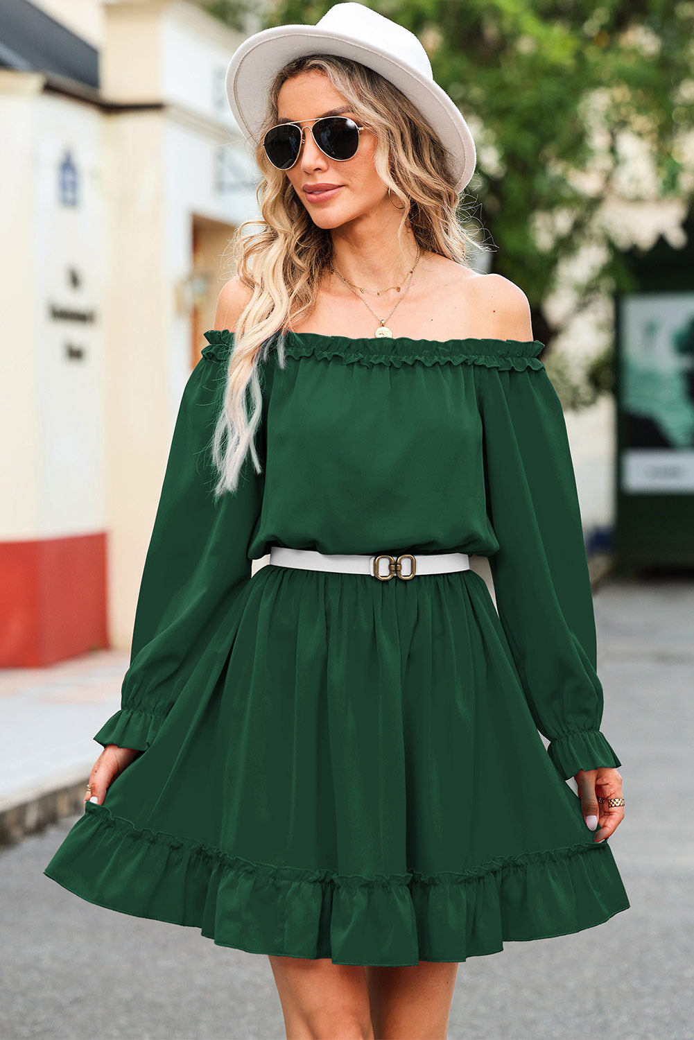Frill Off-Shoulder Flounce Sleeve Dress.