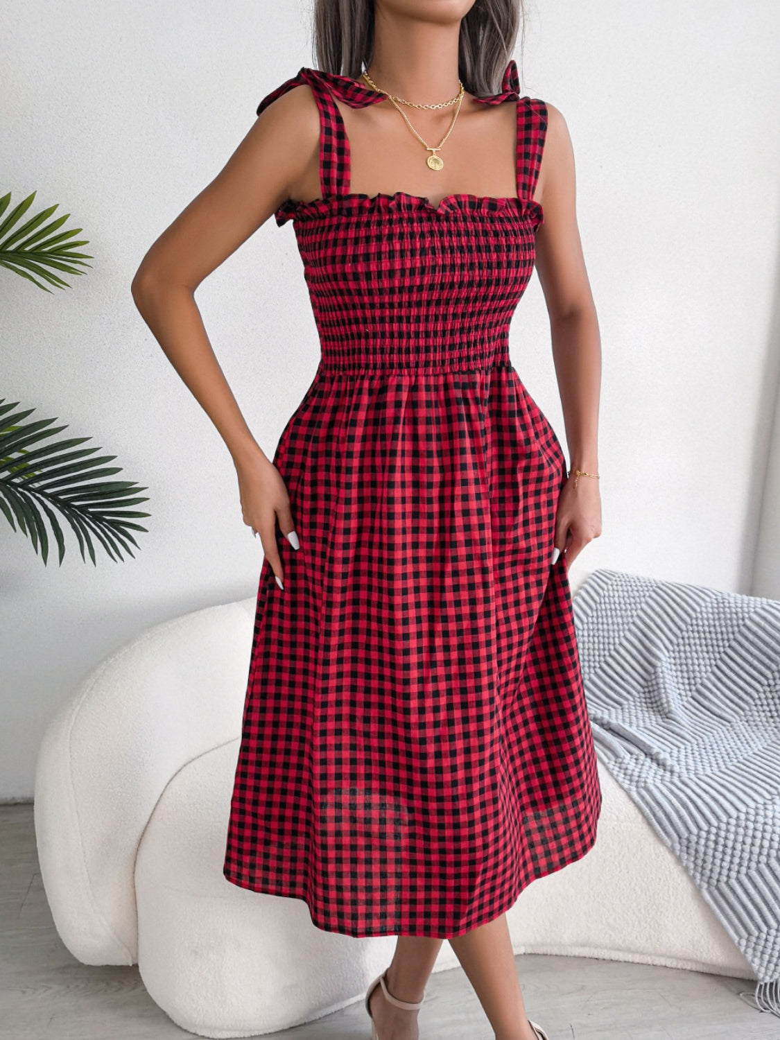 Frill Plaid Square Neck Midi Dress.
