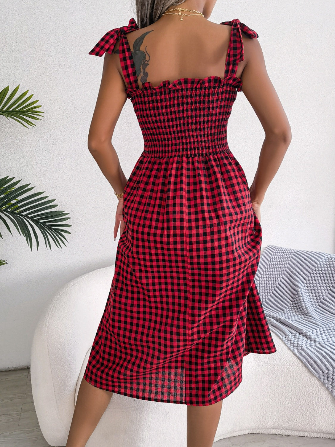 Frill Plaid Square Neck Midi Dress.