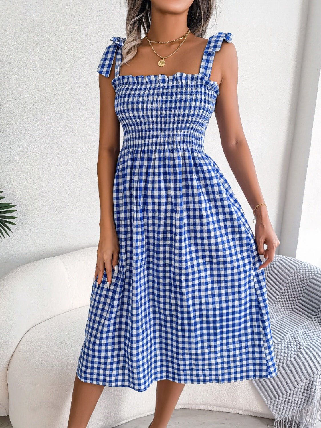 Frill Plaid Square Neck Midi Dress.