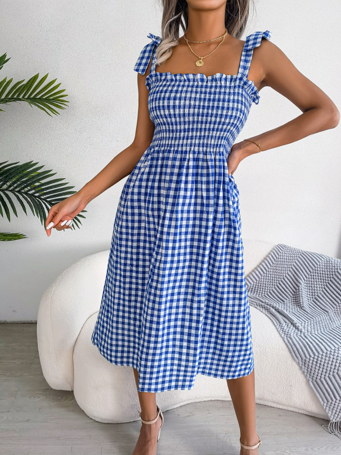Frill Plaid Square Neck Midi Dress.