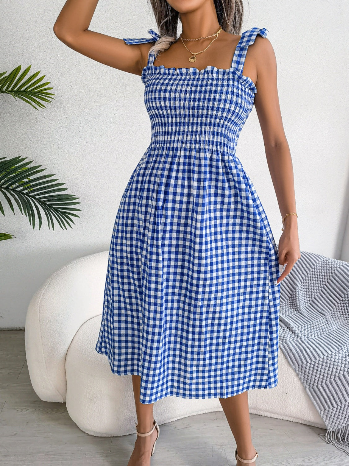 Frill Plaid Square Neck Midi Dress.