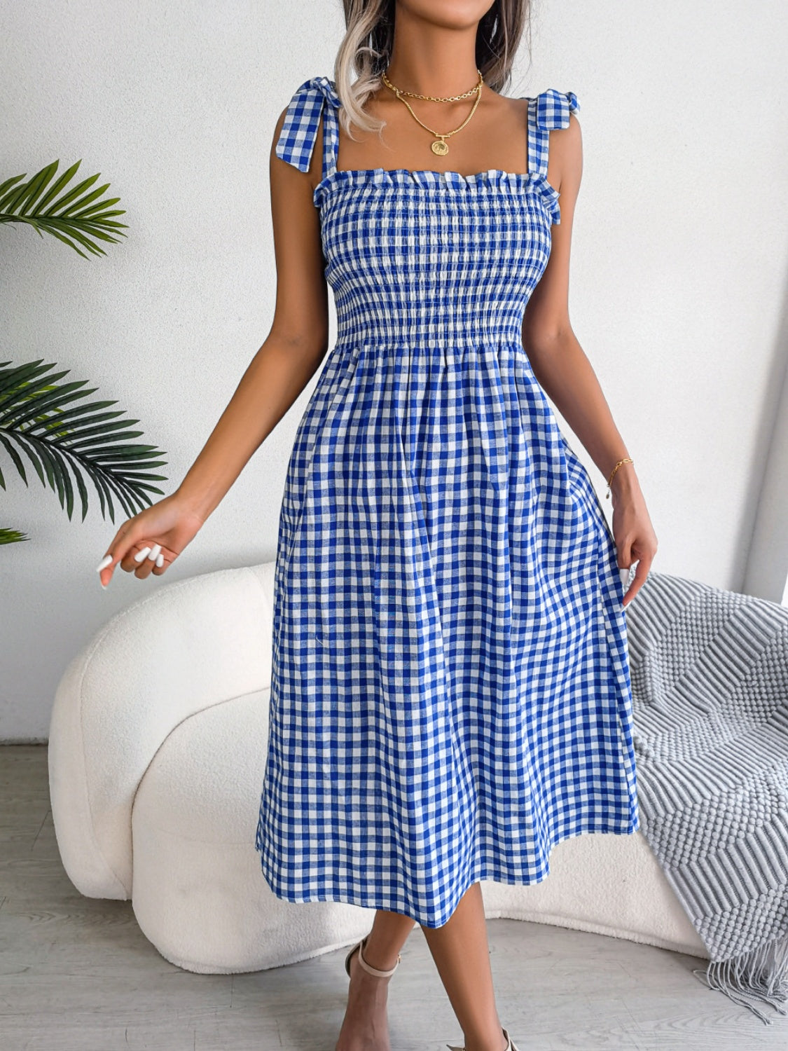 Frill Plaid Square Neck Midi Dress.