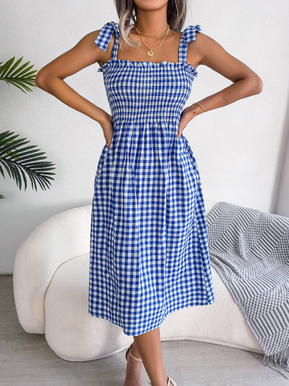 Frill Plaid Square Neck Midi Dress.
