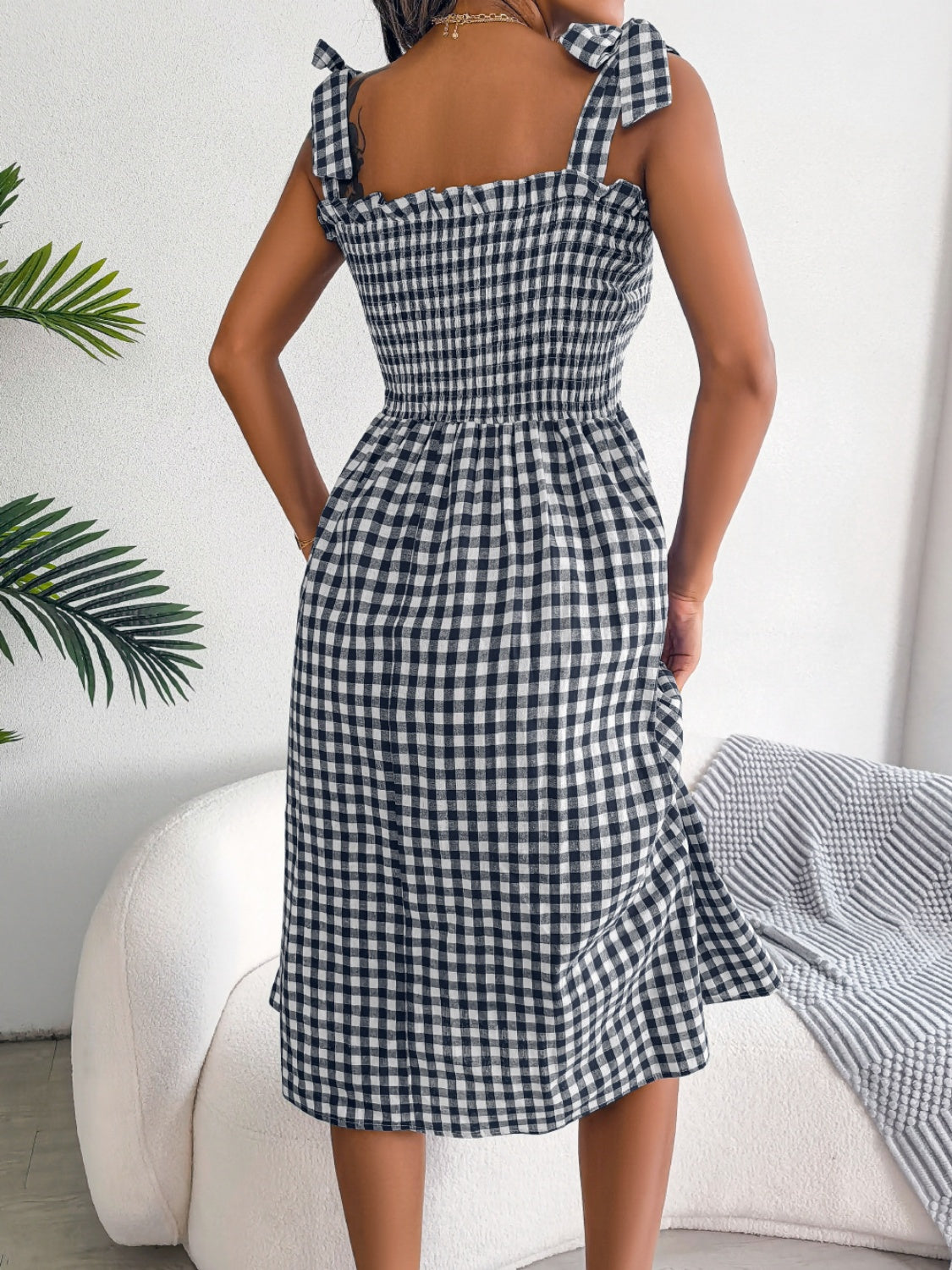 Frill Plaid Square Neck Midi Dress.